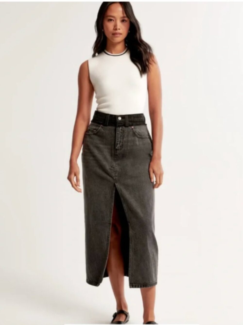 Abercrombie & Fitch Stacked Waistband Denim Maxi Skirt - Black